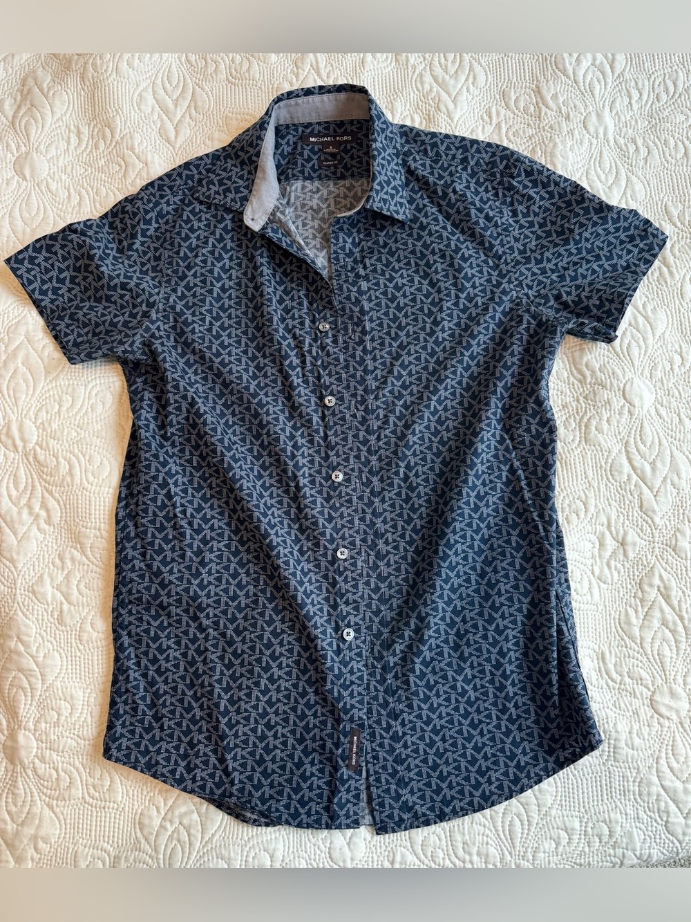 Michael Kors Men’s Button‑Up Shirt • Classic Fit • Navy MK Print • Size S